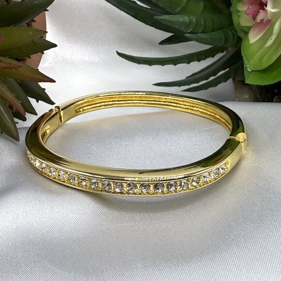 Crystal Gold Tone Hinged Bangle Bracelet - Picture 1 of 6